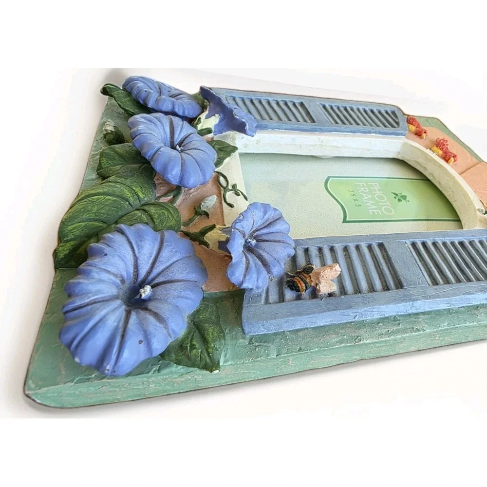 Vintage Cottagecore Floral Photo Frame Birds Bee Blue Shutters 3.5x5 Shabby Chic